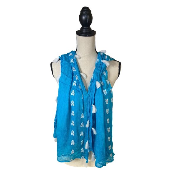 Vintage Womens Rectangle Scarf Blue White Embroidery Tassels Crinkled Boho Chic - Picture 2 of 5